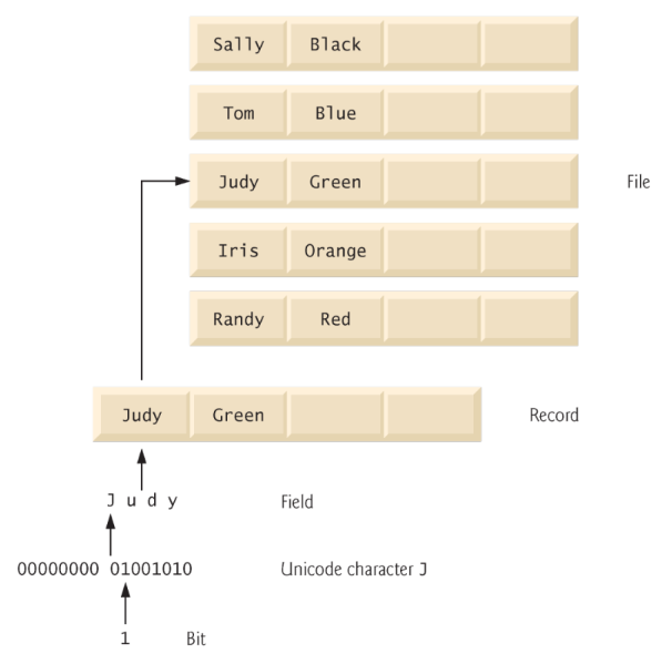 PDF p.15: Data hierarchy diagram showing bits, characters, fields, records, and files